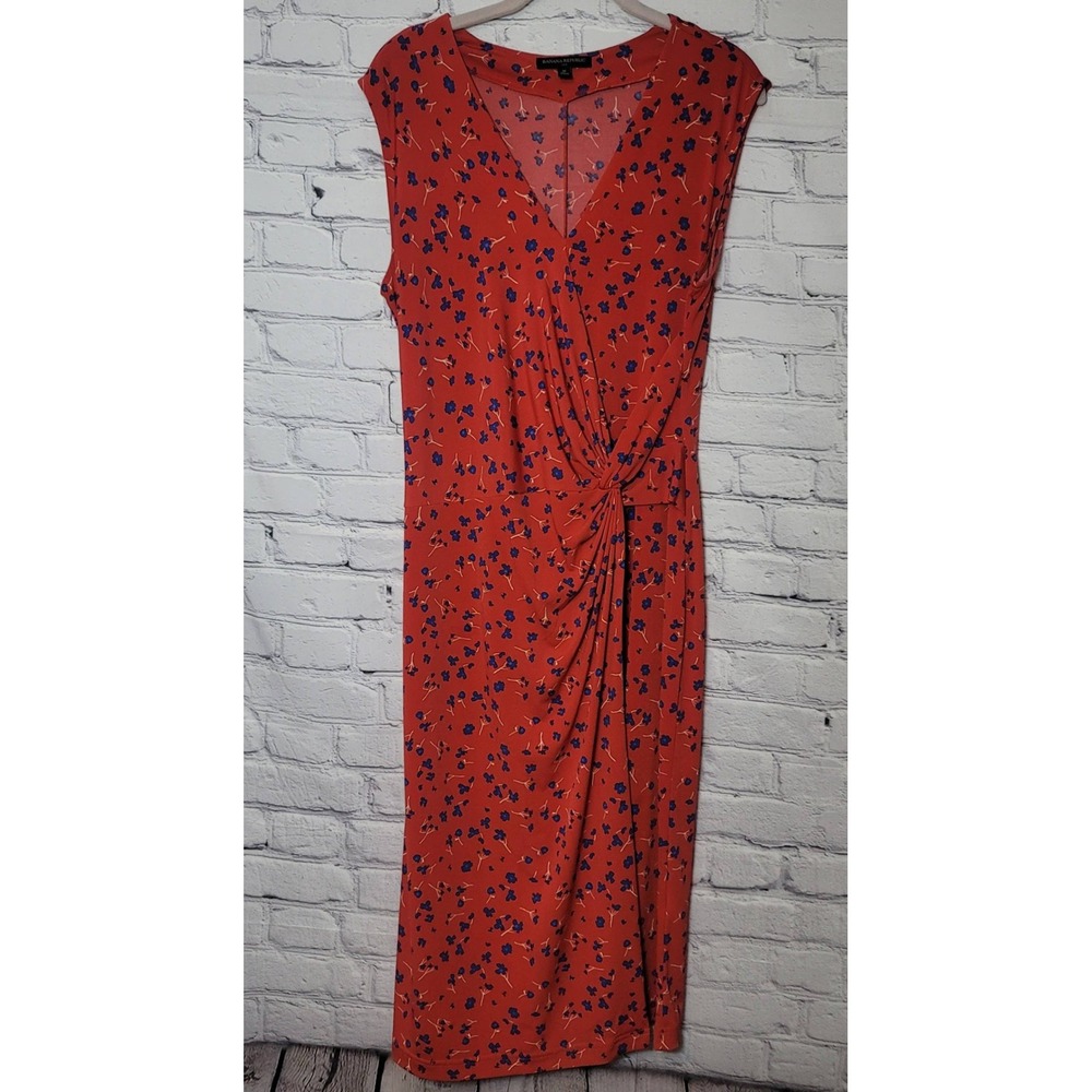 Banana Republic Red Floral Twist Front V-Neck Sleeveless Midi Dress Medium